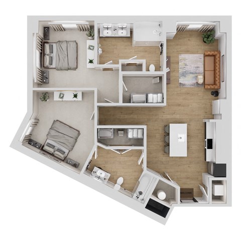 A top-down view of a small apartment with a bedroom, living room, and kitchen.